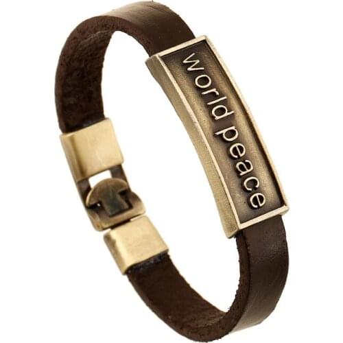 World peace Simple Letter Embossed Belt Bracelet Male Easy-hook Genuine Leather Manual Bangles Classic Wrist Jewelry Ornament