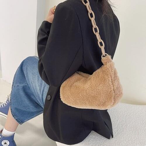 Soft Plush Shoulder Bag For Women Autumn Winter Small Underarm Bag Female Acrylic Chain Fluffy Bags Travel Handbag And Purses