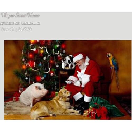 New 5D Diy Diamond Painting Cross Stitch Father Christmas And Dog Animal Wall Sticker Painting Diamond Mosaic Diamond Embroidery