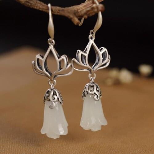 Original design natural Hetian white jade magnolia flower earrings Chinese style retro charm womens brand silver jewelry
