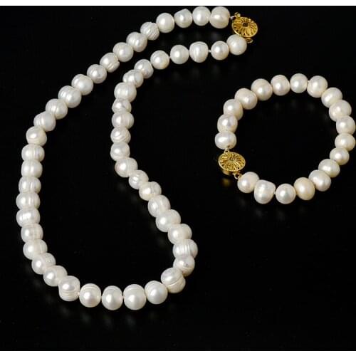 Natural pure With Regular design Milky yellow Near Round 9-10 mm beads Pearl Necklace and Bracelet suit