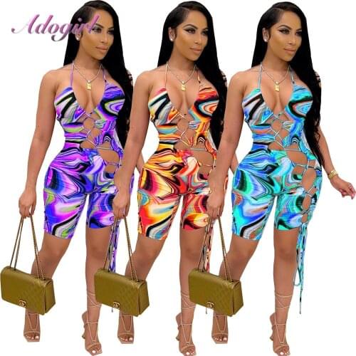 Sexy Tie Dye Print Halter Hollow Out Bandage Night Party Club Playsuit Women 2021summer Outfit Backless Lace Up Rompers Jumpsuit