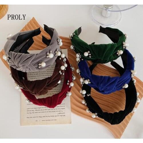 PROLY New Fashion Women Hairband Wide Side Pearls Rhinestone Headband Vintage Classic Turban Adult Hair Accessories