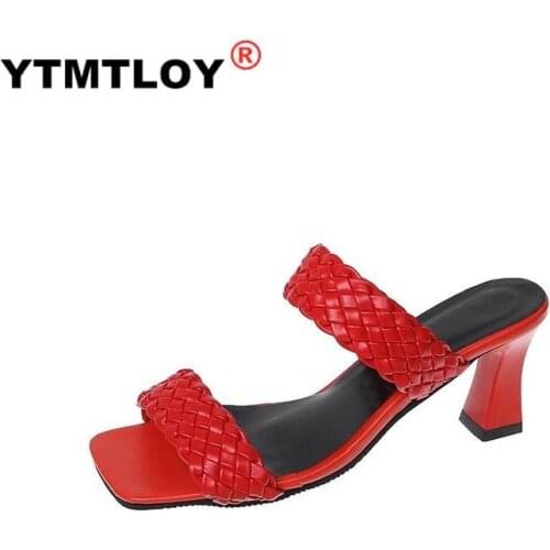 New Summer Square High Heels Slippers Women Square Toe Sandals Ladies Pu Leather Plaid Outside Female Fashion Woman Shoes Mules