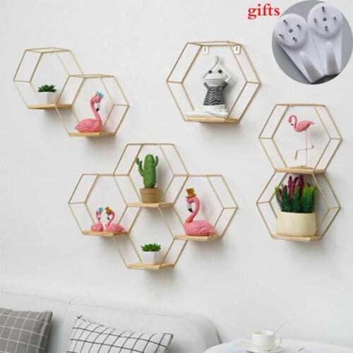 Decoration Craft Nordic Hexagonal Iron Stand Pot Wall Holder Home Shelf Storage Holder Contracted Design Decorative Shelves