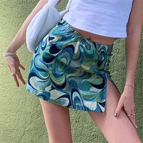 Women Fashion Casual Spring Summer Sexy Abstract Printed High-Waist Split Slim Fit Elegant Pencil Green Mini Skirt Regular Size