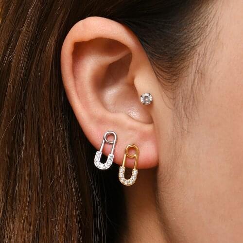 Punk Gold Silver Color Safety Pin Pave CZ Zircon Stone Tiny Stud Earrings for Women Fashion Female Korean Jewelry 2021