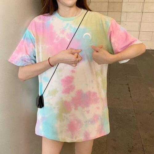 Womens Casual Tie Dye Tee Shirt Round Neck Print Short Sleeve Loose Korean Style Ladies Sweet Tops