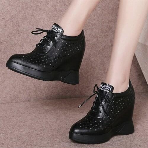 Breathable Trainers Women Genuine Leather Wedges High Heel Ankle Boots Female Summer Lace Up Pointed Toe Platform Pumps Shoes