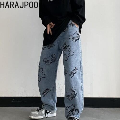 Jeans Harajpoo Woman High Street Korean INS Harajuku Cartoon Bear Print Couple Casual Baggy Wide Leg Straight Mom 2021 Fall Pant