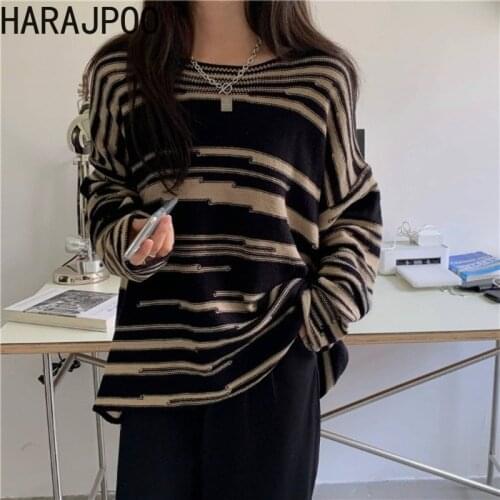 Harajpoo Pullovers Female 2021 New Korean Clothing Loose Thin O Neck Zebra Pattern Long Sleeved Knitted Sweater Women Lazy Oaf