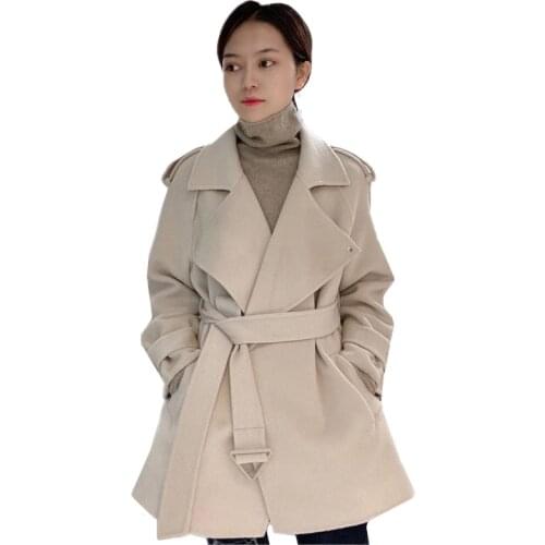 Autumn Winter Double Sided Cashmere Overcoat Women Korean Long Sleeve Lace up Solid Woolen Coat Fashion Ladies Wool Jacket G760