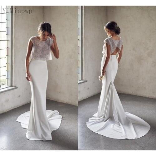 Elegant Mermaid Wedding Dresses 2 Pieces O Neck Sweep Train Beads Sequined Beach Bridal Gowns vestidos de novia Custom