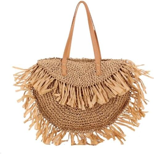 2021 Summer Simple Tassel Straw Shoulder Bag for Women Bohemian Round Woven Large Capacity Lady Totes Beach Travel Purses