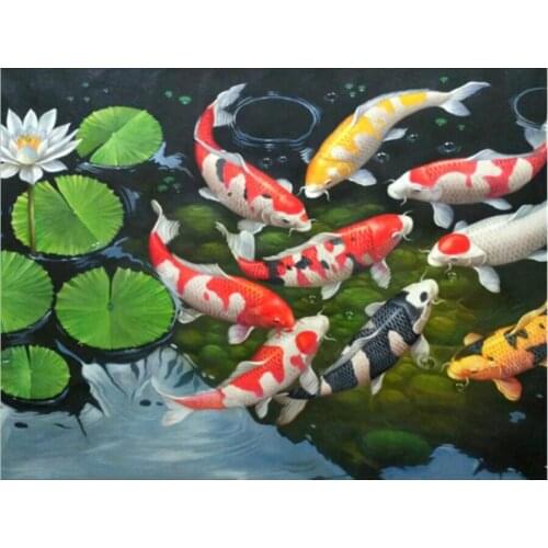 Handicrafts Diamond Embroidery Carp Pond DIY Diamond Painting Fish koi and Lotu Flower view Cross Stitch Rhinestone Mosaic Decor