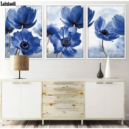 Diamond Painting Triptych Blue Poppies Diamond Embroidery Rhinestones Cross Stitch Nordic Simole flower Pictures icon Home Decor