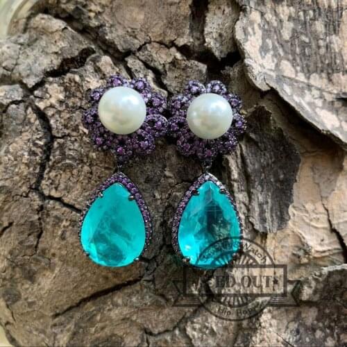 Amethyst purple cz with green tourmaline fusion stones cz brincos semi joias party jewelry pearl drop earrings