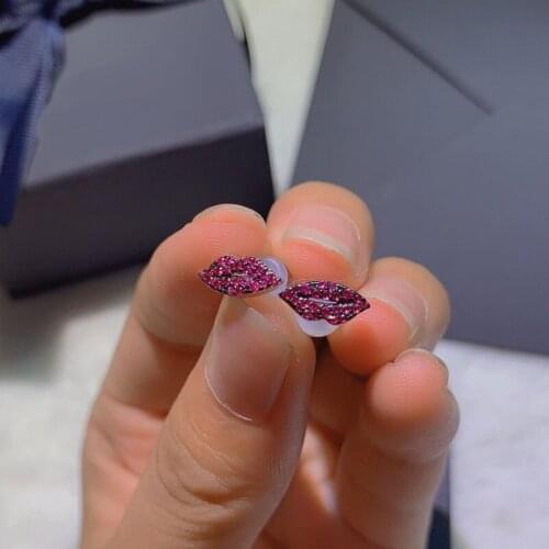 Brand 1:1Fashion Copper Sexy Red Pink Lips Stud Earrings Pave Full Zirconia Stones Women Fine Party Jewelry Gift