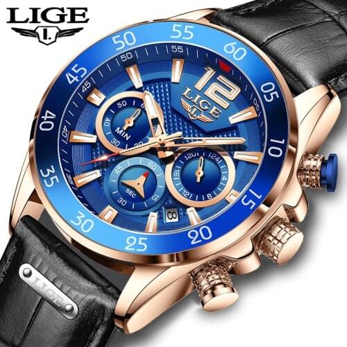 2021 Fashion Sport Men Watches LIGE Top Brand Luxury Blue Military Quartz Clock Leather Waterproof Chronograph Watch For Men+Box