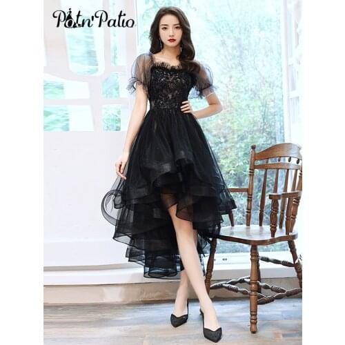 Elegant Black Prom Gowns 2021 Sweetheart Appliques Tiered Tulle High Low Semi Formal Evening Party Dresses