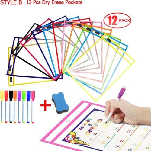 12 Pcs Dry Erase Pockets Board Transparent Soft Dry Wipe The File Bag Erasable Drawing Teaching Writing School Supplies for Kids