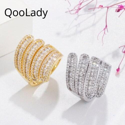 QooLady Gorgeous Bridal Wedding Accessories Gold Open Adjustable Wide Rings Trendy White Cubic Zirconia Party Women Jewelry F057