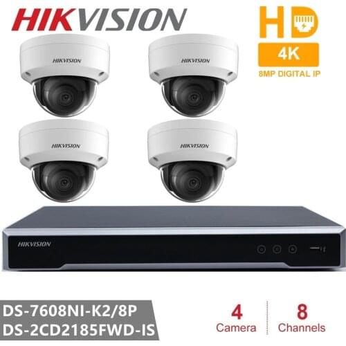 Hikvision H.265 IP Camera Video Surveillance Kits 4pcs 8MP IP Camera + Embedded Plug & Play 4K NVR 8CH 8POE 2SATA 8MP Resolution