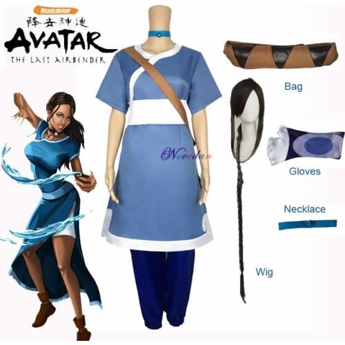 Katara Cosplay Costume Anime Avatar the last Airbender Cosplay Costume Full Set Necklace+Bag+Wig