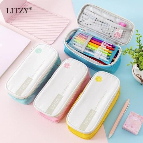 LITZY Canvas Large Capacity Pencil Case Double Layer Big Pencil Bag Cute Solid Color Pencilcase for School Supplies Kids Pen Box