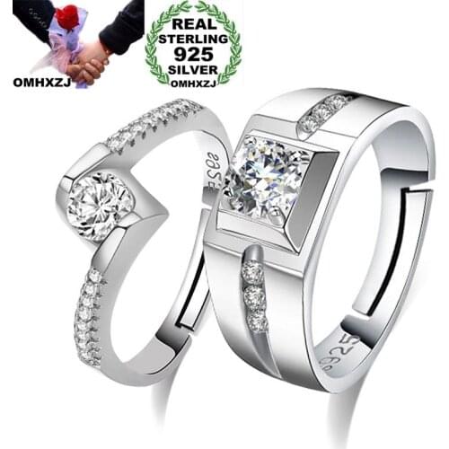 OMHXZJ Wholesale European Fashion Woman Man Party Wedding Gift Simple White Lovers AAA Zircon 925 Sterling Silver Ring Set RR240