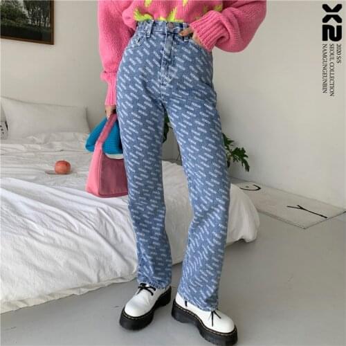 Korean New Letter Print Baggy Pants Women High Waist Washed Blue Black Straight Jeans Personality Streetwear Denim Trousers