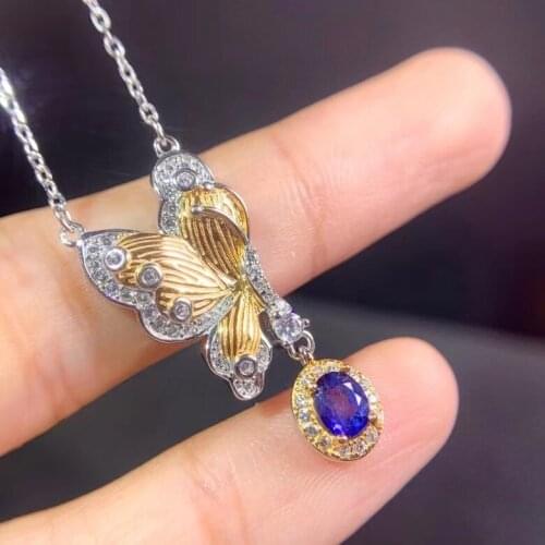 Romantic cute Butterflies fly Natural blue sapphire Necklace natural gemstone Pendant Necklace S925 silver woman gift jewelry