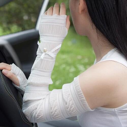 Summer Sunscreen Glove Female Pearl Ice Silk Sleeve Sexy Lace Bow Thin Long Transparent Chiffon Fingerless UV Driving Mitten M22