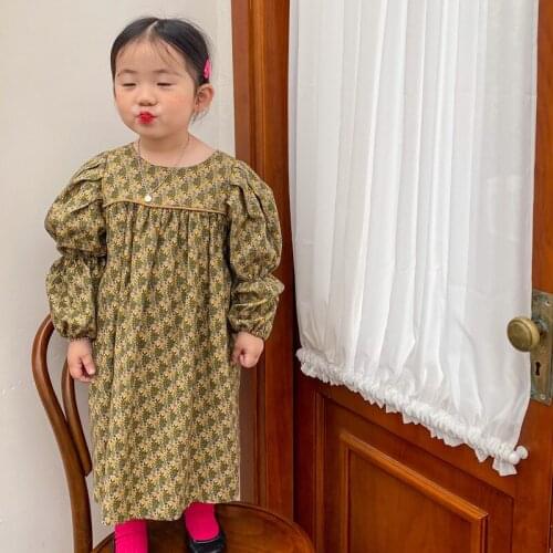 2021 Spring Kids Girls Retro Puff Sleeve Pleated Dress Children Cotton Long Sleeve Floral Printed Clothing Fashion, #9311