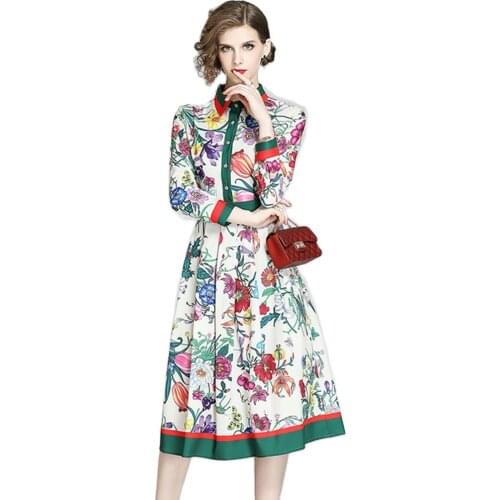 Vintage Shirt Overlay Flower Print Dress Women Single-Breasted Wrist Sleeve Fit and Flare Slim Swing Party Elegant Midi Dress