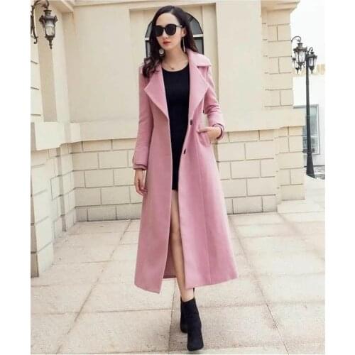 Vintage Woolen Coat Women Autumn Winter New Pink Plus Size Coat Female Long Section Coat Office Lady Elegant 2XL