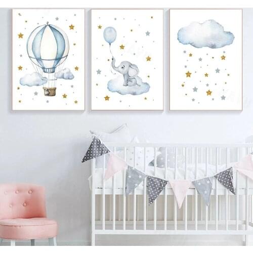 Hot Air Balloon Elephant Canvas Painting Star Cloud Nursery Wall Art Print Nordic Poster Cartoon Wall Pictures Kids Room Decor