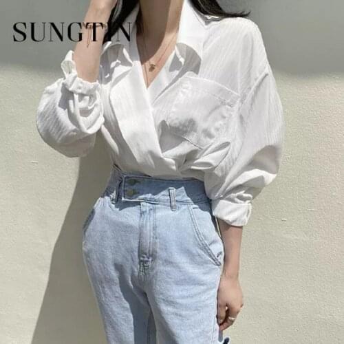 Sungtin Office Lady Elegant Fashion V Neck Blouse Women design Oversized Striped Shirt Korean Style Blouse for Mujer New 2021