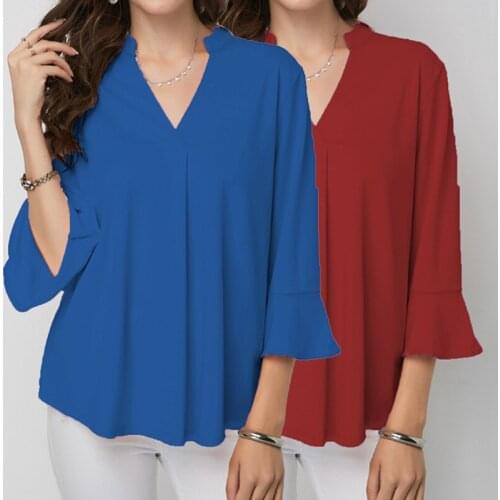 2021 New Large Size Women Solid Color Thin Chiffon Shirt Summer V Neck Three Quarter Butterfly Sleeve Casual Blouse Female Tops