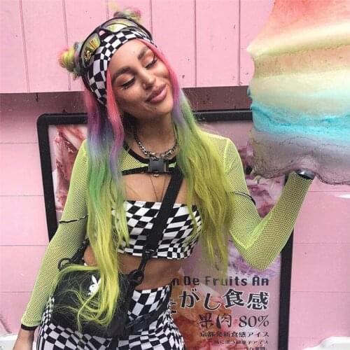 Women Streetwear Neon Green Mesh Fishnet Tops Female Blouse Perspective Smock Long Sleeve Short Women Shirts Sexy Cropped Shirt