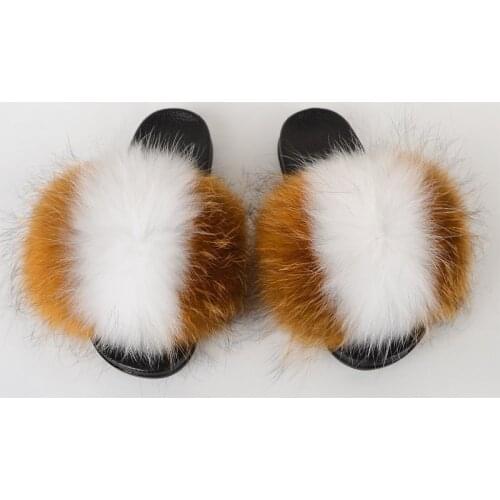 New Fashion Big Raccoon Fur Slides Women Summer Non-slip Flat Sandals lady Fluffy Fur Slippers Casual Home Slipper Shoes