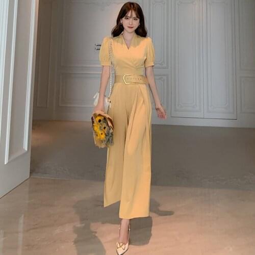 New arrival fashion autumn loose jumpsuits women elegant office lady temperament vintage puff sleeve v-neck long jumpsuits