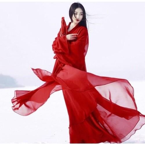 Women Chinese Traditional Hanfu Dress Ancient Fairy Princess Red Performance Stage Costume Female Chiffon Folk Dance Clothing