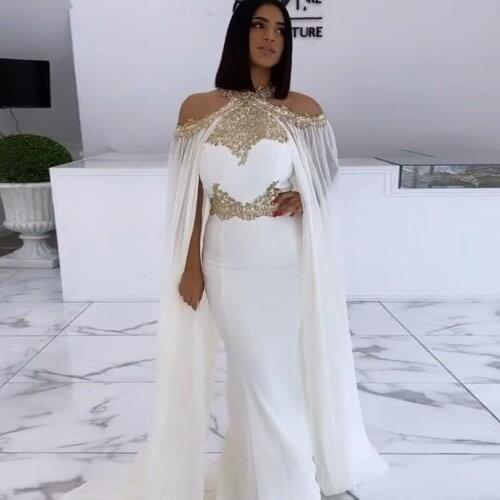 Appliques Mermaid Evening Dressess woman Off The Shoulder Bodice White Bridal Gowns Halter Formal Long Elegant Prom Party Gowns