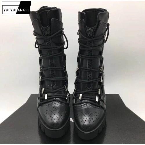 Winter Fashion Women Runway High Heels Riding Knight Boots Lace Up Platform Shoes Brand Motorcycle Genuine Leather Ankle Boots