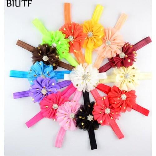10pcs/lot Shiny Rhinestone On Gold Polka Dotted Flower Elastic Head Band girl Luxury Headdress 14 Color for U Pick FDA218