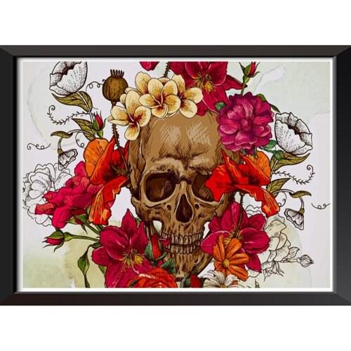 5D Diamond Painting Full Square Round Skull With Flower Rhinestone Portrait Diamond Embroidered Mosaic Home Decoration A1271