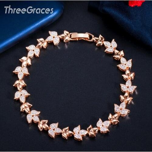 ThreeGraces Elegant Leaf Shape Gold Color Shiny Mirco Pave CZ Crystal Chain Link Bracelet Wedding Party Jewelry for Brides BR140