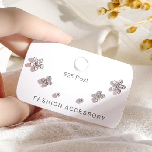 Dainty Butterfly Flower Ball Stud Earrings Set for Women Silver Color Cubic Zircon 6-piece Earrings Set Jewelry Gifts S-E1224