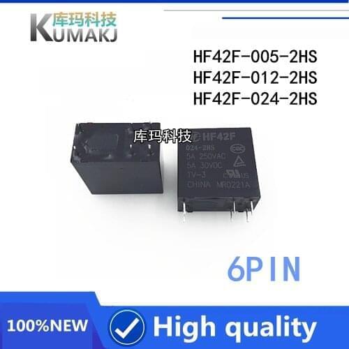 2PCS NEW relay HF42F-005-2HS HF42F-012-2HS HF42F-024-2HS HF42F 012-2HS HF42F 012 2HS 5A 250VAC 5V 12VDC 24V 6PIN Power relay